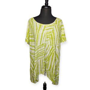 Woman Within Yellow/Green Shark Bite Hem Short Sleeve Scoop Neck Top Size Large
